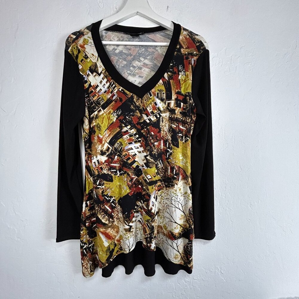 Michael Tyler Womens Long Sleeve V-Neck Tunic Top Small Abstract Print Black Art